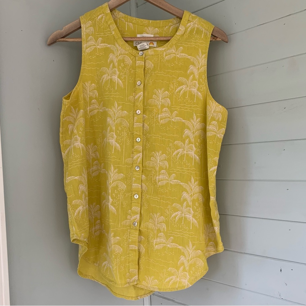C & C California 100% Linen button down palm tree print blouse sz small EUC